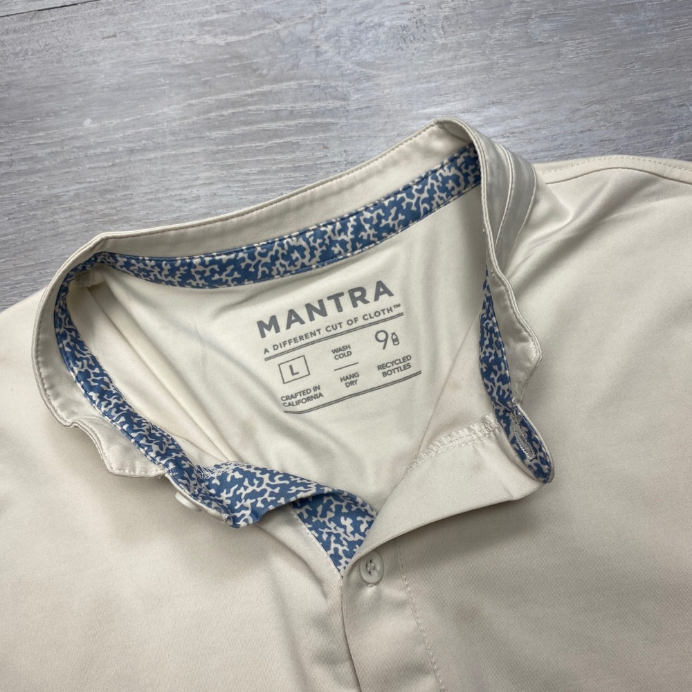 Mantra Henley Shirt Mens L Cream Recycled Stretch Band Collar Short Sleeve Polo - Picture 2 of 8